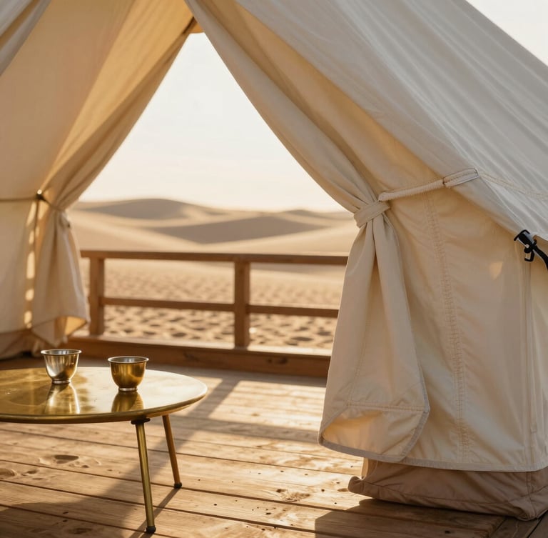 Intimate close-up of a hand-stitched canvas luxury tent's private wooden deck, a low brass tea table with two empty cups, warm golden hour light casting long shadows of the wooden railing onto the sand dunes beyond.
