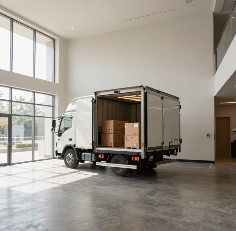 Wide-angle architectural shot of a clean, organized hotel unloading bay, a delivery truck with open doors revealing neatly stacked crates, morning light.