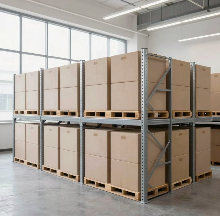 Organized warehouse racking with stacked crates, bright clean architectural lighting, desaturated tones, structured lines