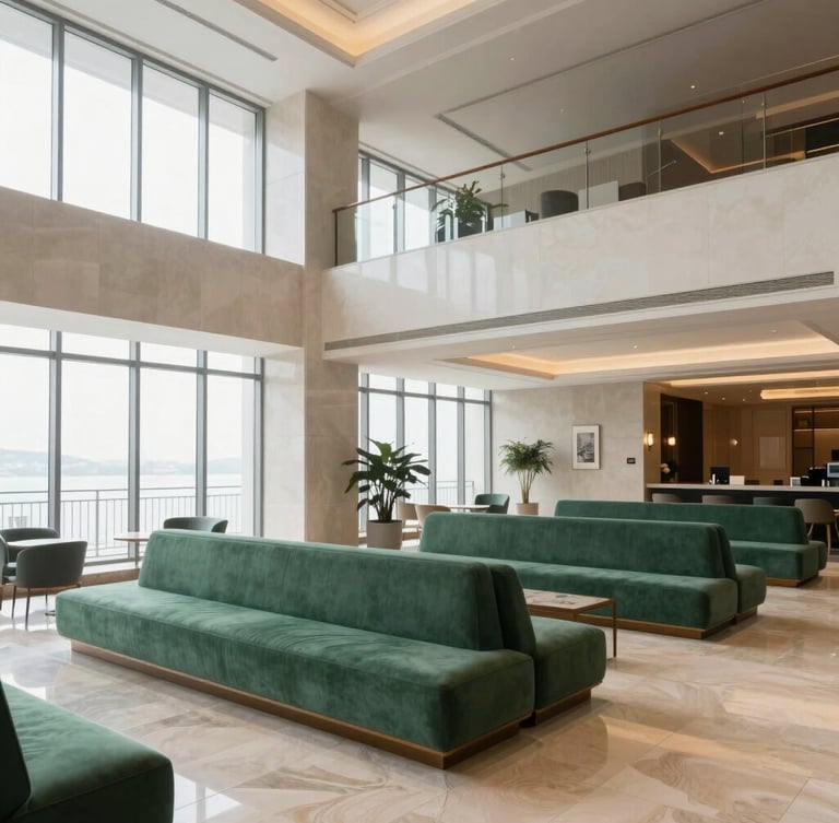 Wide-angle architectural photograph of a pristine luxury hotel lobby with structured emerald seating and polished stone floors under bright natural window light.