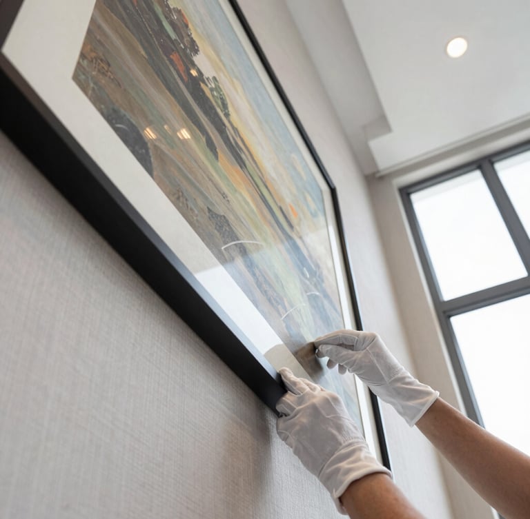 Close-up of hands in white gloves precisely aligning a large framed painting on a textured hotel wall, bright architectural lighting.