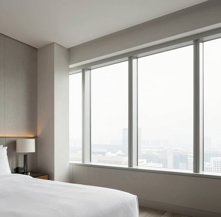 Crisp architectural photography of a pristine luxury hotel suite, bright natural window light, clean structured lines, desaturated tones.