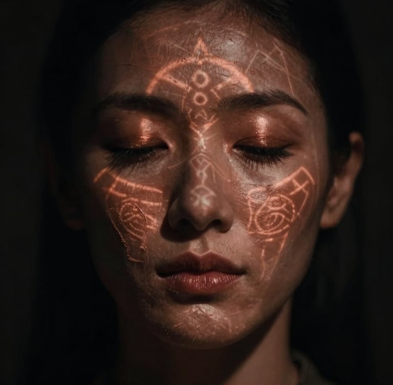 Close-up of a serene face in deep meditation, subtle sacred geometry patterns projected in warm copper light on the skin, dark moody atmosphere.