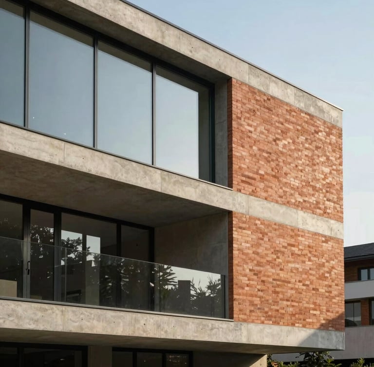 Modern concrete and glass house facade, clean lines, warm daylight hitting a terracotta brick wall on the side, minimalist architectural detail, wide-angle shot.