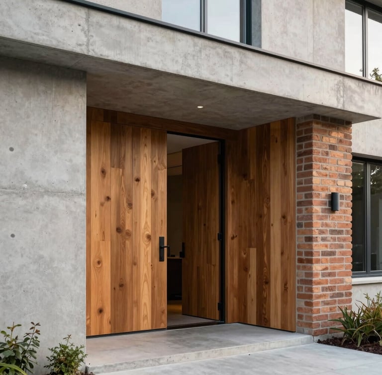 Medium-wide environmental shot of a modern house entrance with concrete walls, warm wood panels, and a structural brick column, captured in soft morning daylight, clean lines, architectural stability.