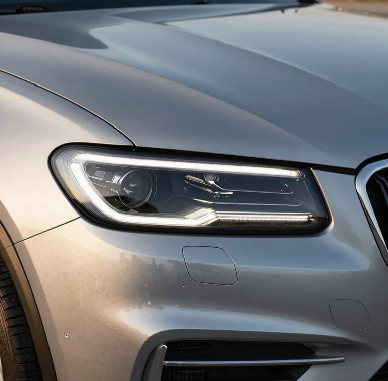 Close-up of a premium modern vehicle headlight and clean metallic body panel, reflecting soft natural morning light, elegant and precise design lines