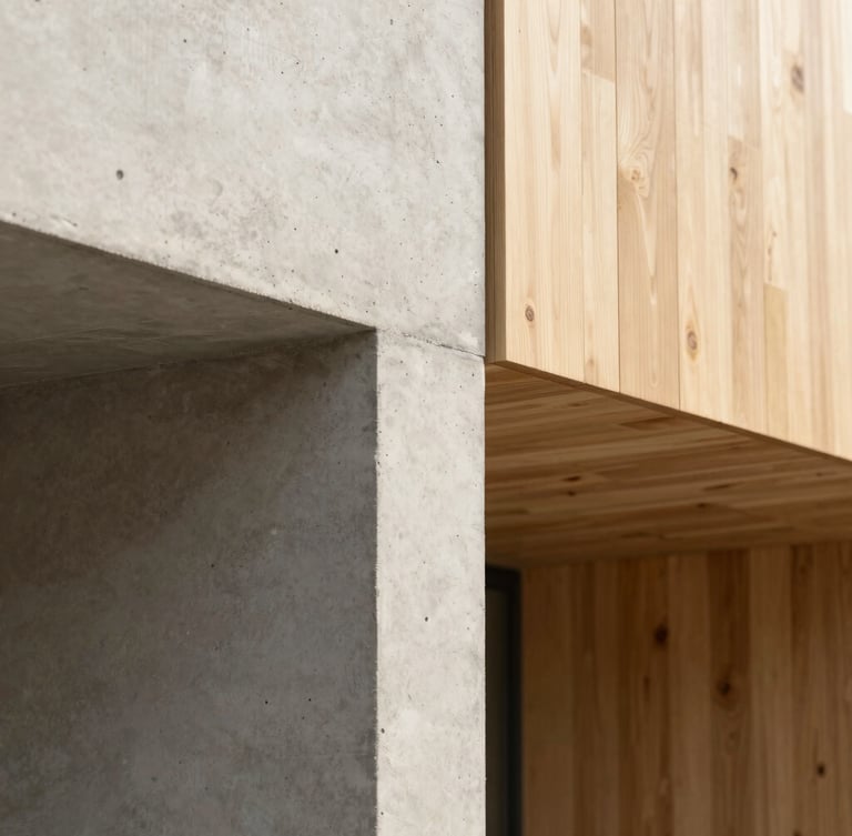 A close-up of clean, modern architectural concrete lines meeting warm wooden panels under soft, natural morning sunlight.