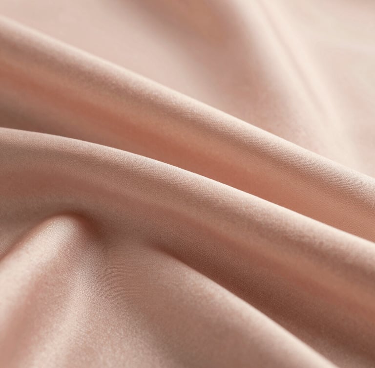 Macro close-up shot of sand-washed blush pink silk fabric, showing the fine matte texture and delicate weave, soft golden-hour light highlighting the folds.