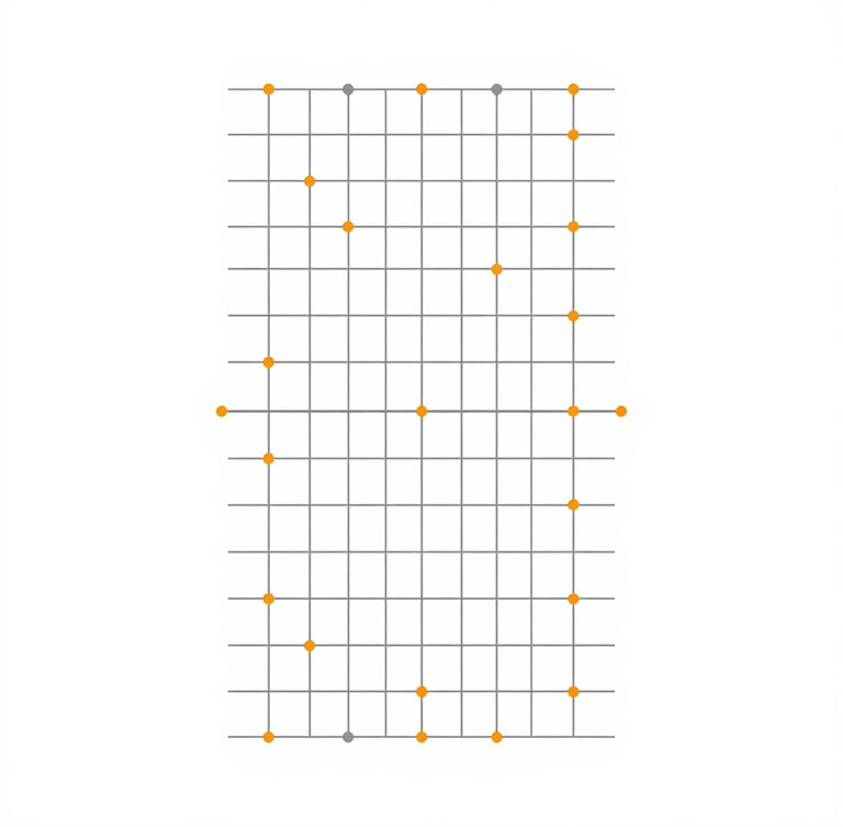 A clean vector illustration of a minimalist architectural grid, sharp slate lines with subtle orange connector nodes on a high-key white background, flat-lay diagram style