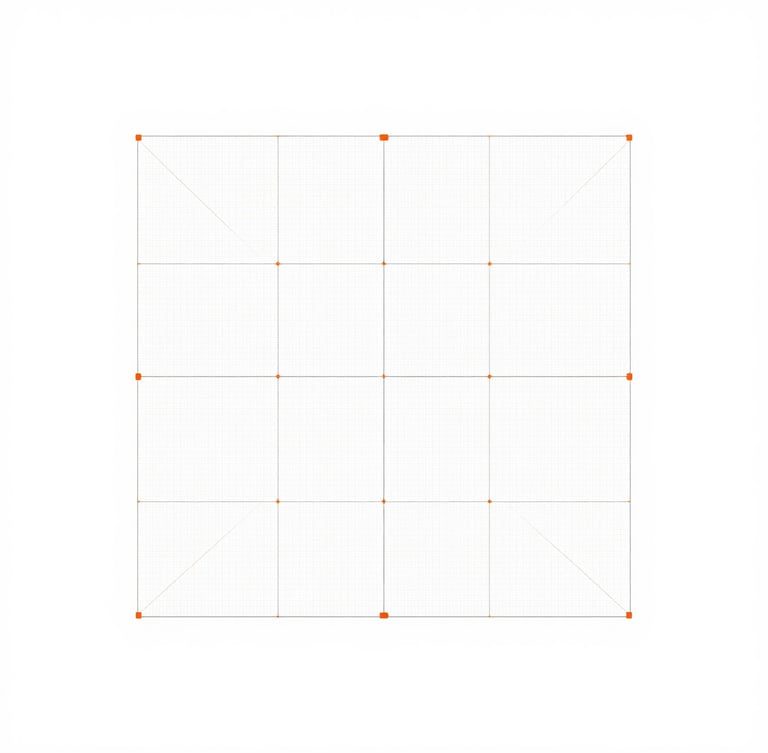 Minimalist blueprint geometry with precise architectural grid lines and subtle orange connector nodes on a high-key white background, showcasing a structured software system layout.