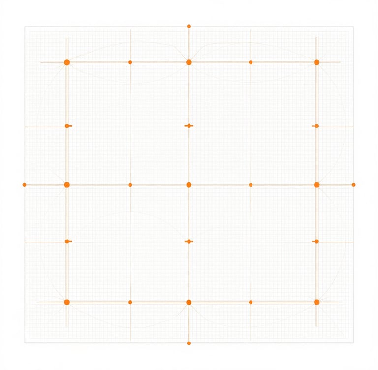 Flat-lay blueprint diagram with subtle orange connector nodes and structured architectural grid lines on a high-key white background.