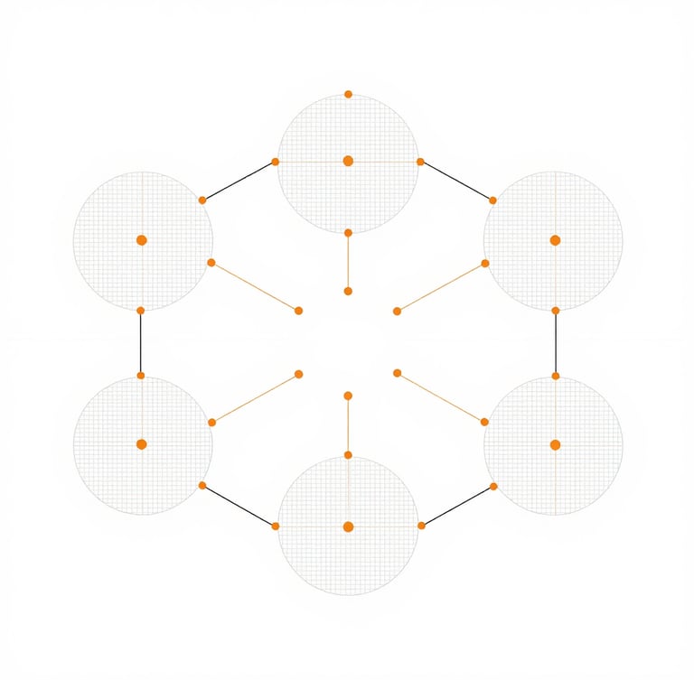 A crisp, flat-lay minimalist diagram showing data pipelines flowing into structured neural network nodes, precise slate lines with orange accent points, clean white background.