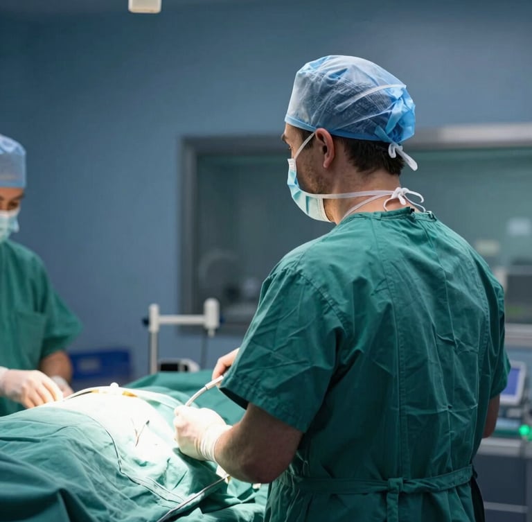 European doctor in green surgical scrubs, seen from behind, looking into an operating room through a glass panel, soft diffused light, high contrast, clinical editorial photography.