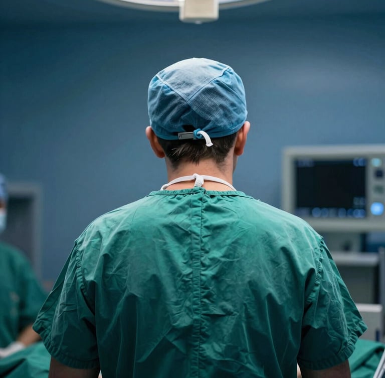 European medical doctor in green surgical scrubs, seen from behind, in a sterile operating room environment, soft diffused clinical light, deep blue and forest green tones, over-the-shoulder perspective, 35mm