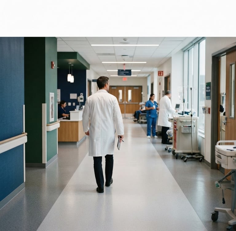 Wide panoramic hospital corridor, a European medical doctor in a white coat walking away, seen from behind, soft clinical light, deep blue and forest green tones, over-the-shoulder perspective, 35mm