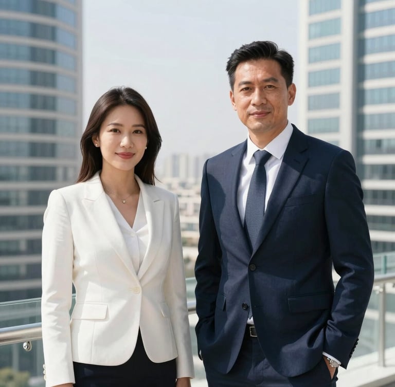 Polished environmental portrait of two corporate executives in a high-rise office overlooking Amman, clean natural daylight, professional attire.