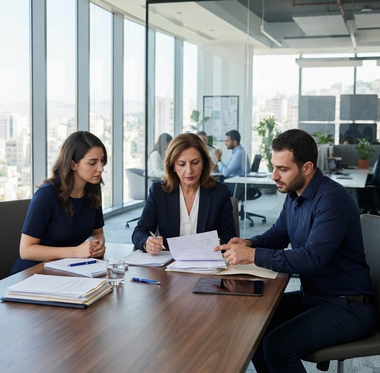 A bright corporate office in Amman with professional HR consultants reviewing official documents, modern architectural background, clean navy tones.