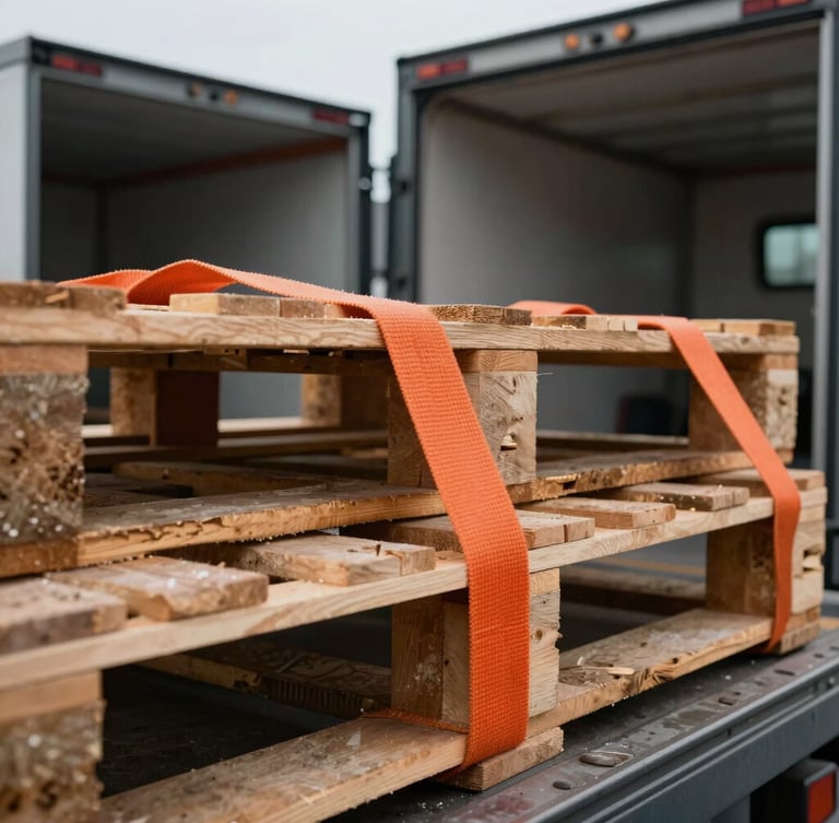 Macro close-up of heavy-duty orange cargo straps securing wooden pallets inside a commercial transport truck, cool natural European daylight, overcast sky visible through the rear doors, industrial texture.