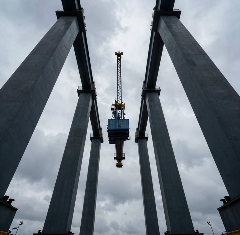 Wide low-angle shot of massive structural steel columns rising against a dramatic overcast sky, industrial cranes framing the composition