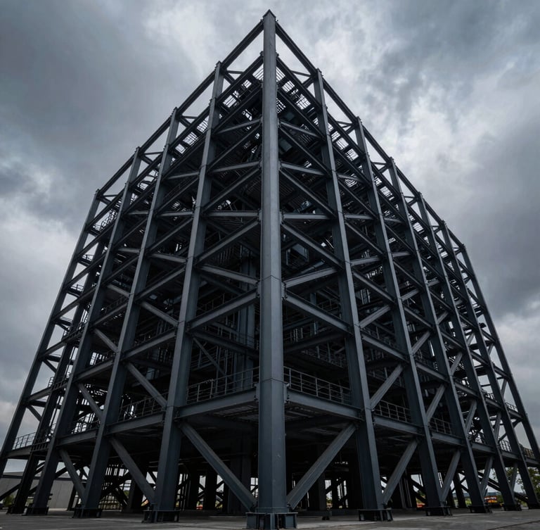 Wide-angle environmental shot, high-contrast architectural lighting, massive structural steel framing under a dramatic overcast sky, deep slate and industrial tones.