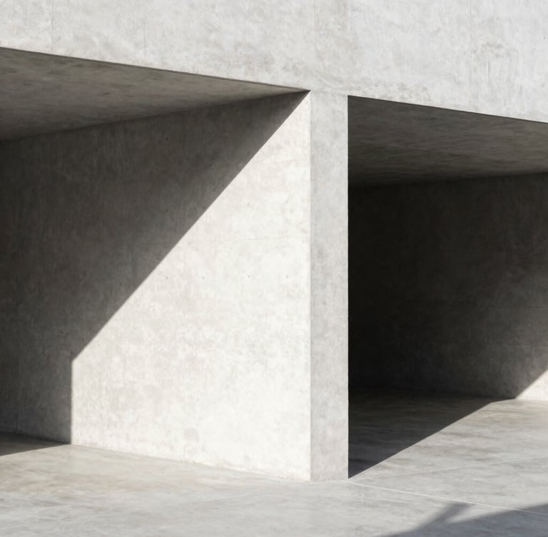 Stark minimalist architectural concrete structure, sharp direct sunlight, deep charcoal shadows, off-white concrete surface, 35mm crop.