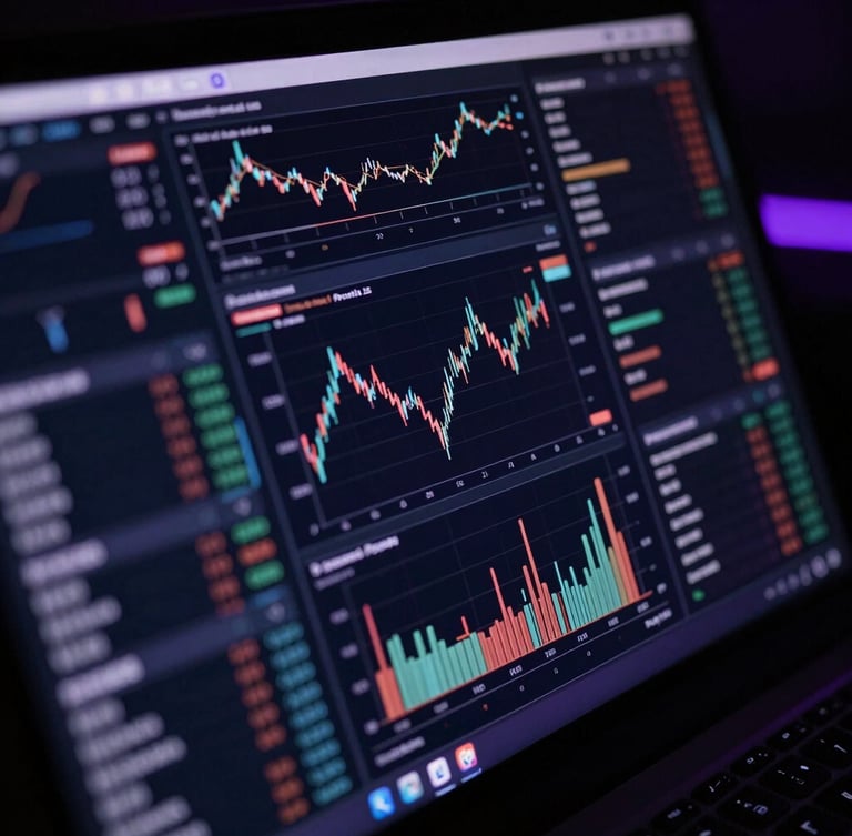 Close-up of a high-end dark tech interface displaying complex data streams and financial charts, sharp focus, low-key dramatic lighting with subtle purple ambient accents.
