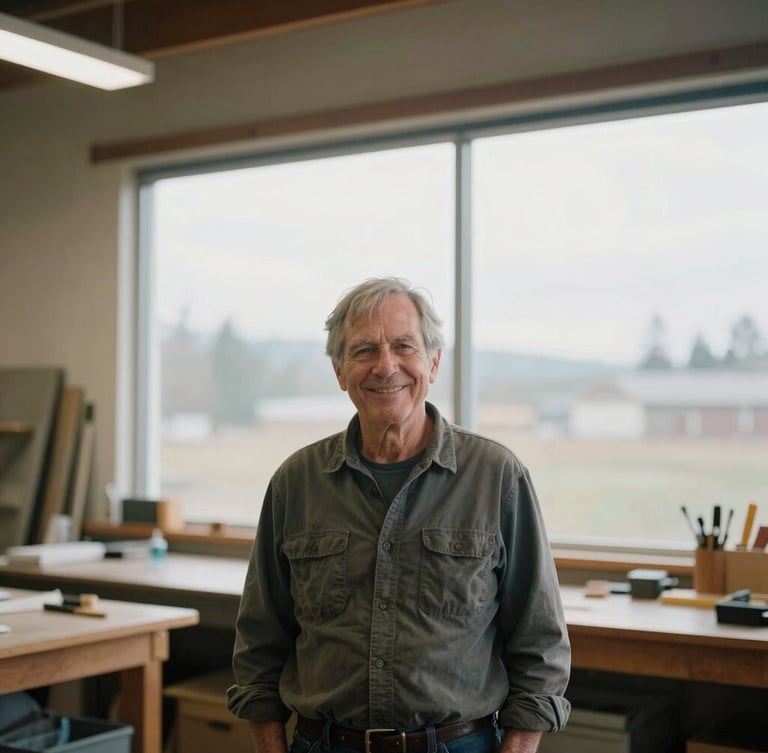 A wide environmental portrait of a veteran in a clean, modern Spokane workshop, smiling confidently under soft overcast window light, 35mm documentary style