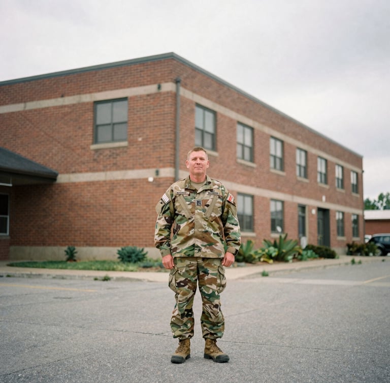 A wide environmental portrait of a military veteran standing outside a Spokane brick building under soft overcast daylight, authentic documentary style, 35mm.