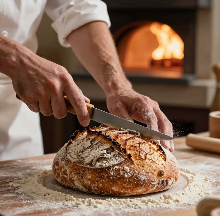 Macro portrait shot of a baker's flour-dusted hands scoring a rustic sourdough loaf with a razor blade, dramatic side lighting from a wood-fired oven glowing in the background.