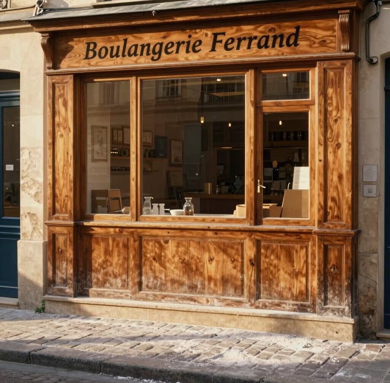 Warm editorial photography of the rustic wooden storefront of Boulangerie Ferrand in Paris, soft morning golden-hour light casting long shadows, flour-dusted cobblestones, shallow depth of field, 35mm film.