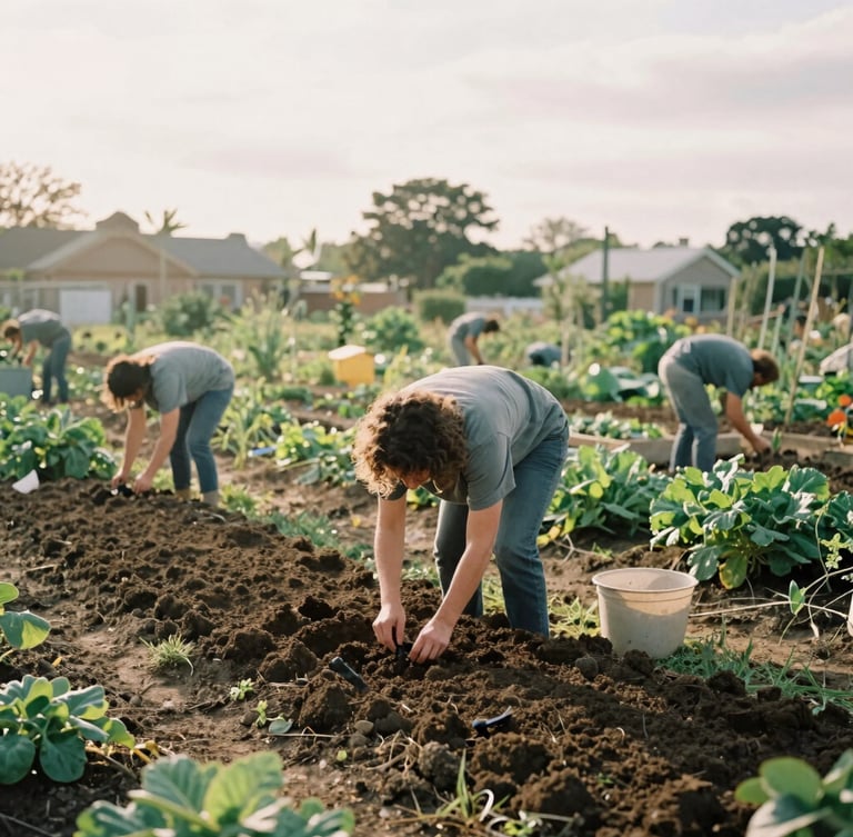 Wide environmental shot of a community garden at sunrise, soft overcast daylight, a volunteer tending soil in the foreground, warm natural tones, 35mm film grain documentary style