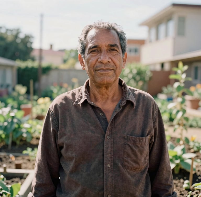 Documentary portrait of a local community leader in a sunlit urban garden, warm natural daylight, authentic unposed expression, rich muted earth tones