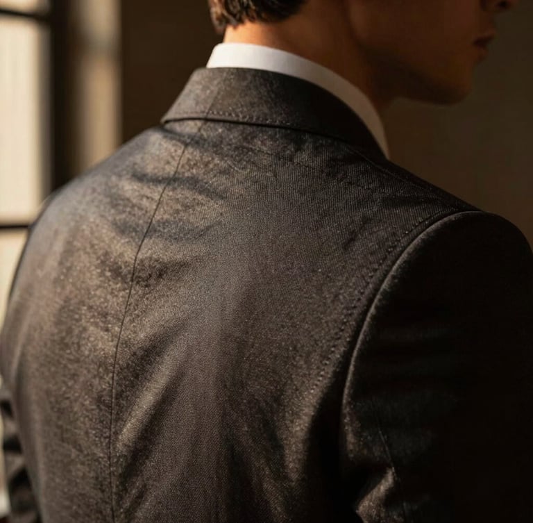 Medium close-up portrait of a tailored men's suit shoulder and collar, focusing on high-quality fabric texture and precise stitching, warm directional window lighting, moody dark background
