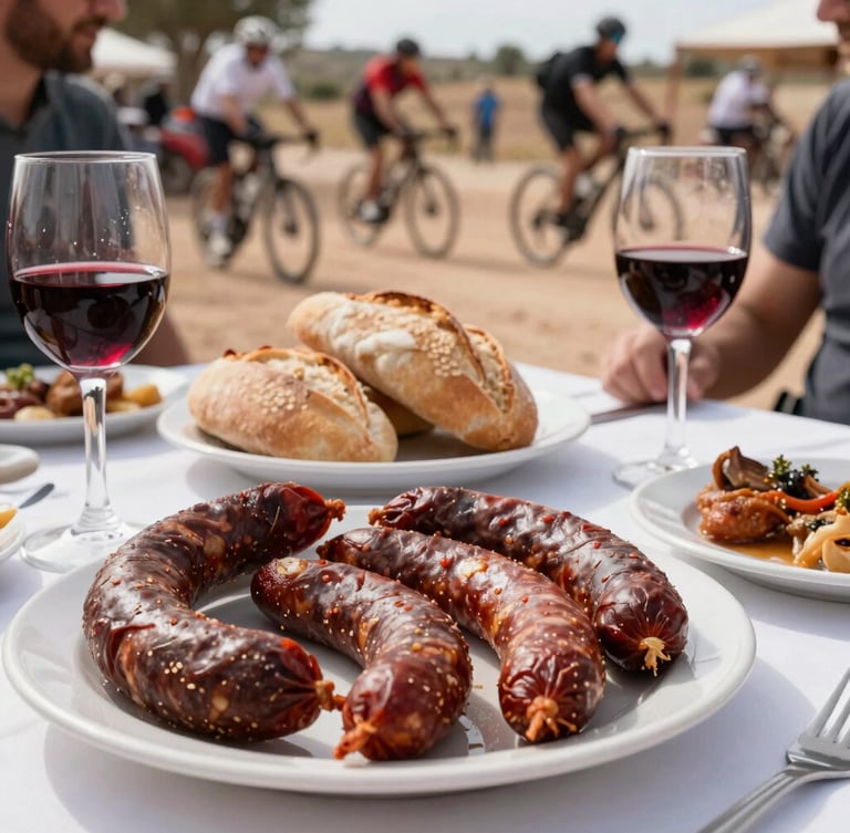 Close-up of a table with rustic local Spanish food, chorizo, fresh bread, and glasses of red wine in an outdoor festive cycling community setting, warm afternoon light.