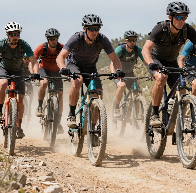 Low-angle shot of a group of mountain bikers waiting at the starting line, tense faces, dusty air, harsh noon light.