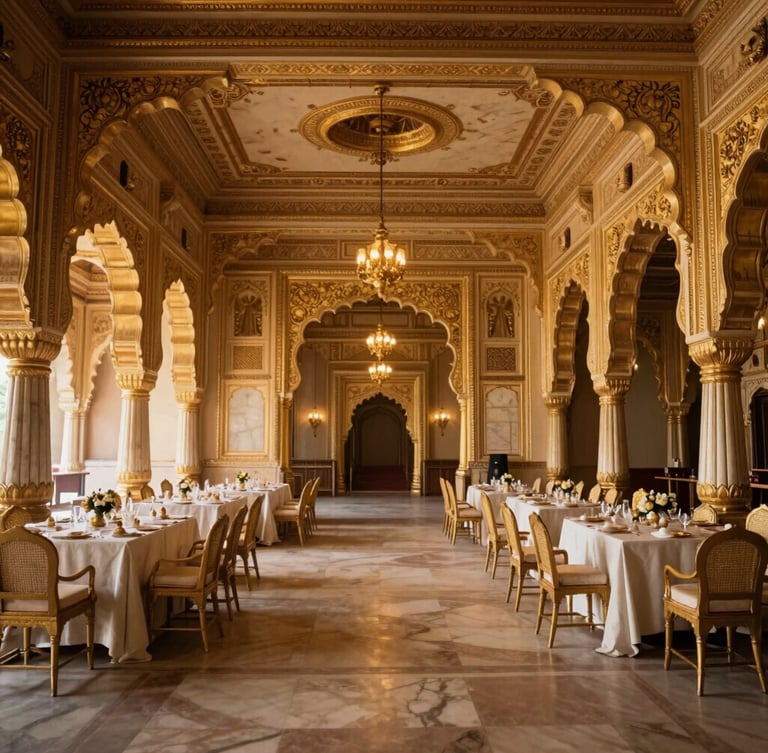 Interior portrait view of a grand banquet hall, intricate gold and marble details, high ceilings, warm uplighting, Maratha architectural style, 35mm