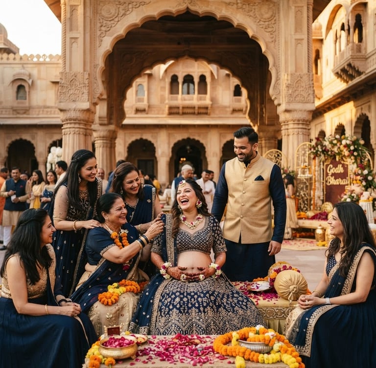 Joyful Indian family celebrating a baby shower under a grand archway at Mhasweshwer Palace, golden-hour light, warm editorial photography, rich navy and gold tones, majestic royal Indian architecture, 35mm