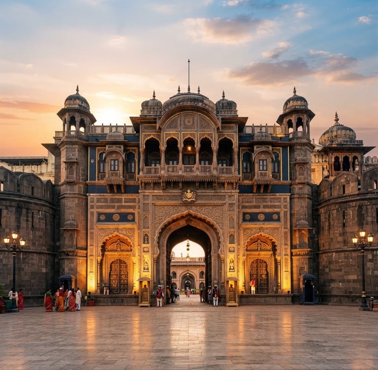 Wide shot of a grand Maratha palace facade at golden hour, intricate hand-carved arches, warm uplighting, rich navy and gold tones, 35mm.