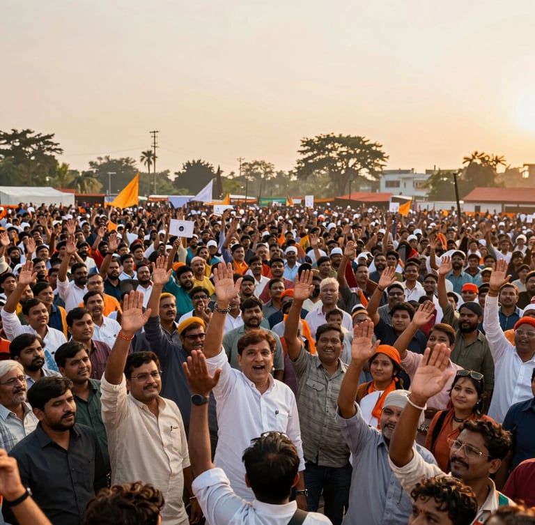 A high-energy public election rally in Uttar Pradesh, dramatic golden hour sunlight, candidate waving to an immense crowd, wide-angle cinematic frame