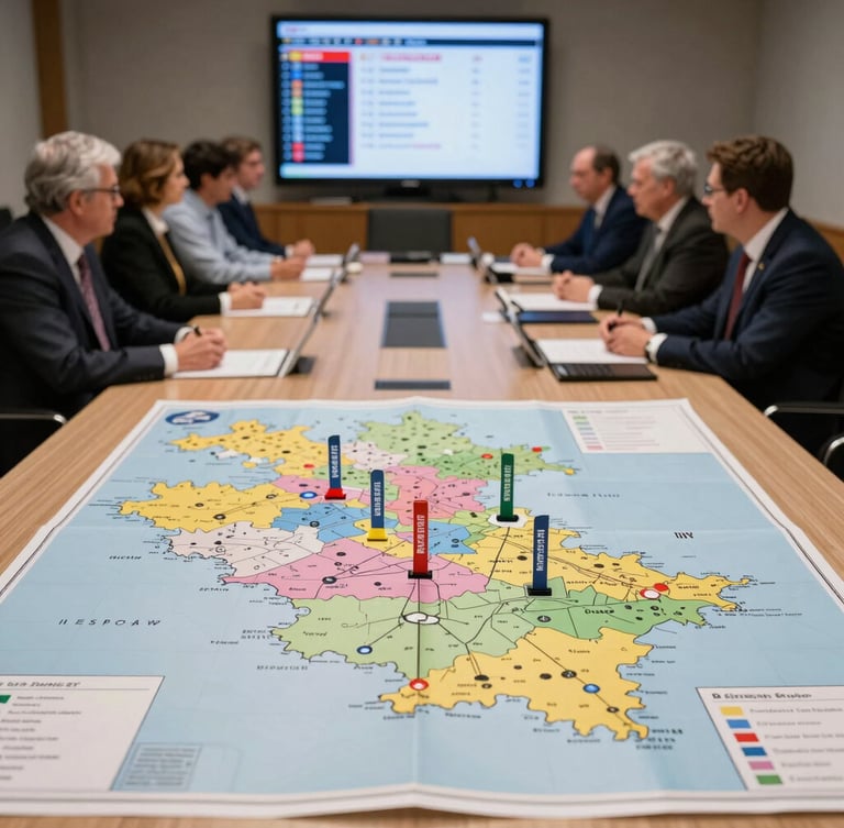 A focused political campaign war room with physical maps of constituencies spread across a large table, tactical markers, and digital screens showing real-time voter data