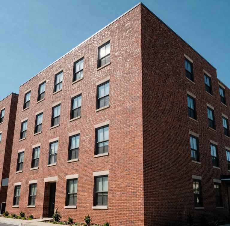 Wide-angle architectural shot of a clean, modern brick apartment building in Central PA under bright natural daylight, structured geometric lines, clear blue sky.