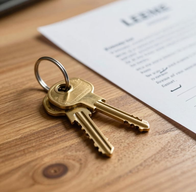 Close-up of brass apartment keys resting on a clean wooden tabletop next to a signed lease agreement, bright daylight