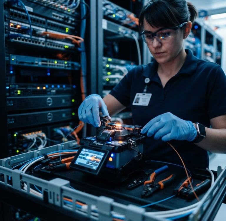 Close-up of a professional network engineer splicing a fiber optic cable in a modern, clean server room, blue and orange indicator lights, high precision, 35mm photography