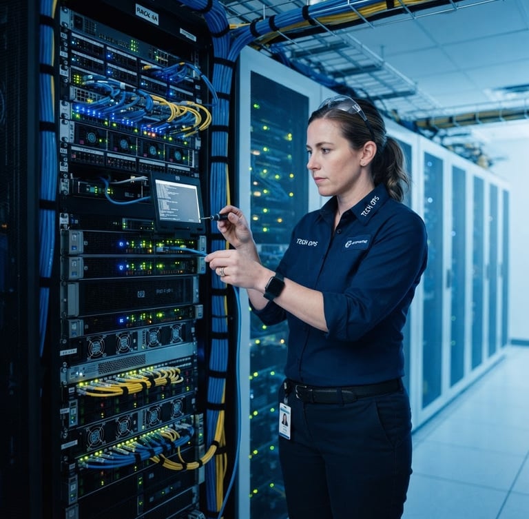 Professional technician in branded navy uniform configuring a high-density server rack, blue and amber indicator lights glowing, clean cable management, crisp 35mm corporate-tech style