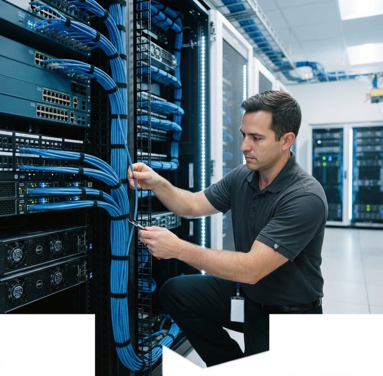 Professional IT technician carefully routing blue Cat6 ethernet cables inside a clean, modern server rack, bright cool-toned office lighting, sharp focus