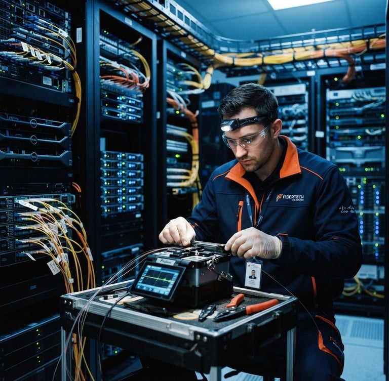A professional telecommunications technician in branded uniform splicing fiber optic cables inside a high-tech modern server room with cool blue indicators, crisp details, 35mm