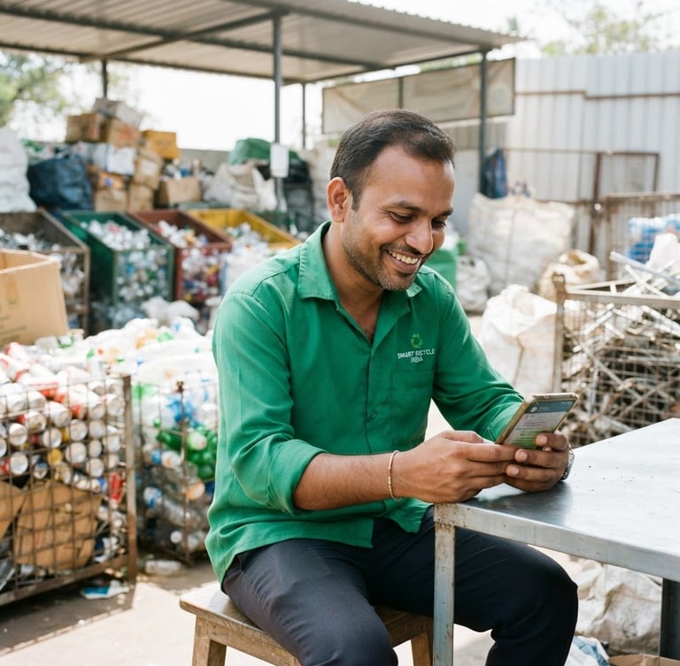 A local Indian recycling partner smiling while looking at his smartphone in bright outdoor daylight, clean sorted scrap materials in the background, high-key photography, 35mm lens