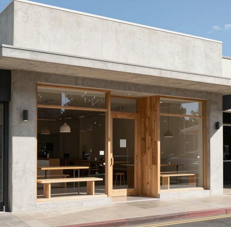 Wide environmental shot of a minimalist concrete and timber commercial storefront in Perth, bright natural Western Australian daylight, clean lines, sharp focus, 35mm lens