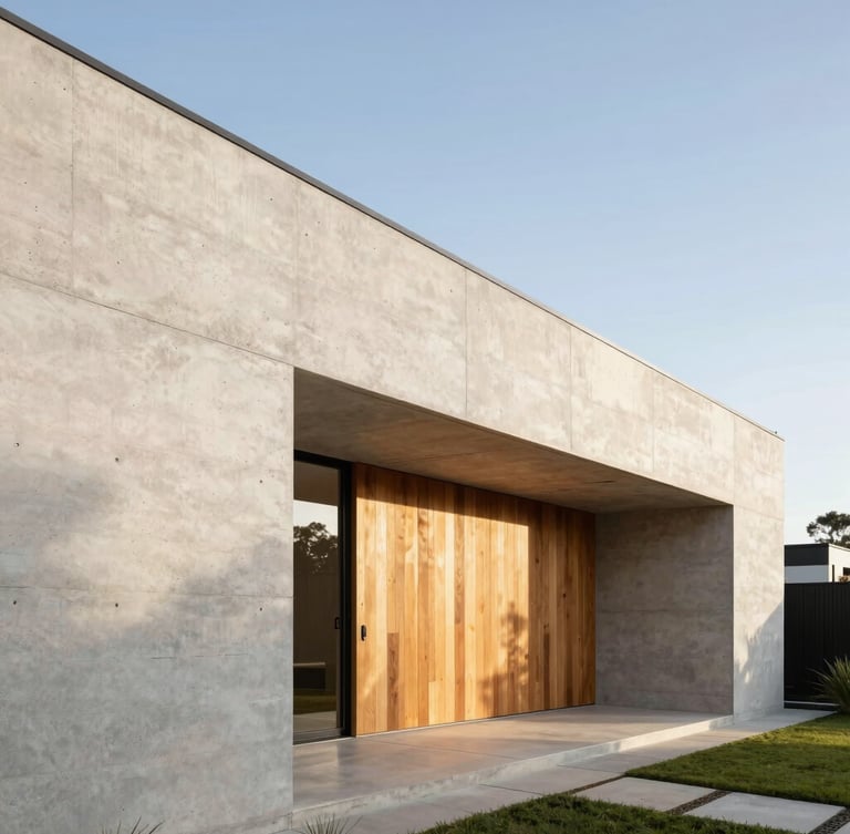 A bright, modern architectural home in Western Australia, raw concrete walls meeting warm timber panels, soft morning sun casting long shadows, 35mm lens.