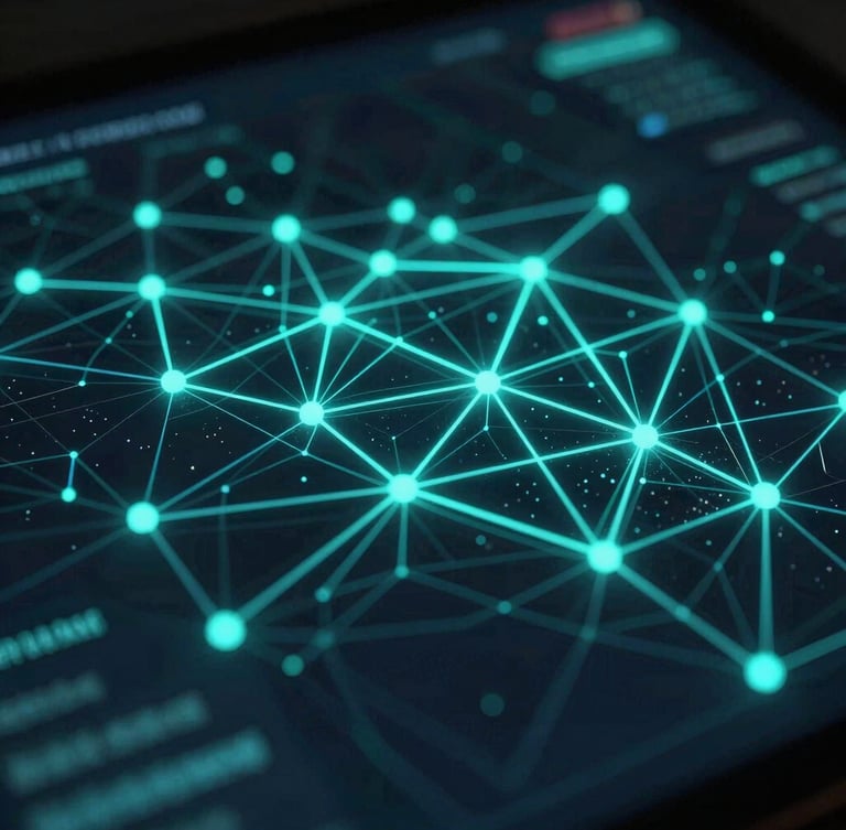 Macro close-up of a dark-mode digital threat map interface, glowing neon cyan network nodes and electric teal data streams pulsing across an ultra-dark background, high-fidelity 3D visualization, low-key dramatic lighting.